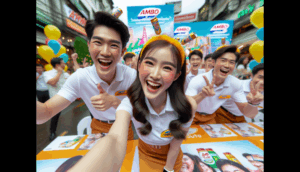 Vibrant, photorealistic promotional cover for 'โปรโมชั่น ambturbo' with happy Thai adults celebrating.