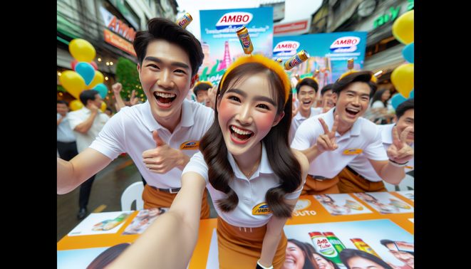 Vibrant, photorealistic promotional cover for 'โปรโมชั่น ambturbo' with happy Thai adults celebrating.