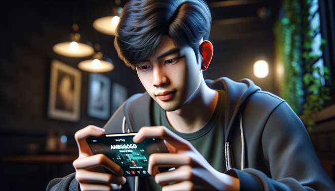 A photorealistic cover image for "How to play ambgogo" featuring a young Thai adult with a smartphone.