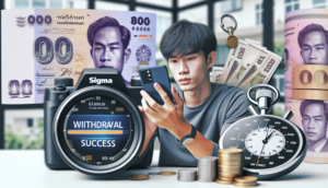 alt_text: Young adult with smartphone showing 'Withdrawal Success,' Thai baht and stopwatch in modern home.